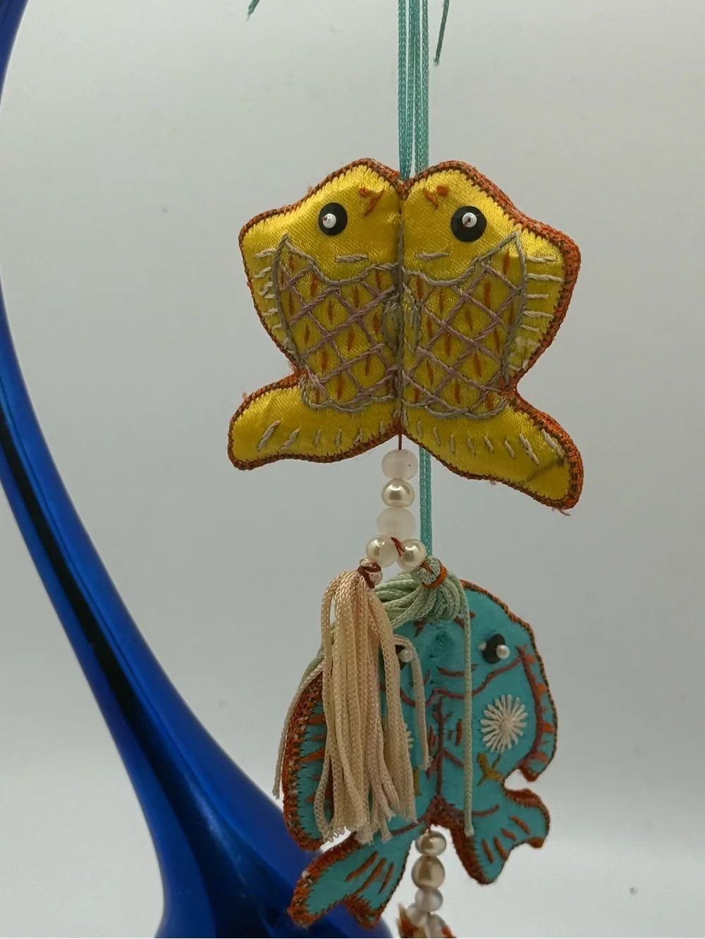 Vintage Asian silk Fish Tassel ORNAMENTS Pair Koi Goldfish Embroidered Decor